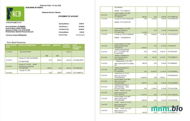 Kenia KCB wyciąg z konta bankowego Word i szablon PDF